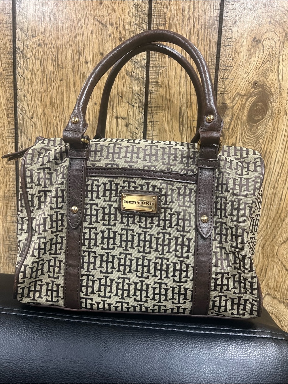 Tommy Hilfiger Brown Monogram Satchel with Dark Brown Trim